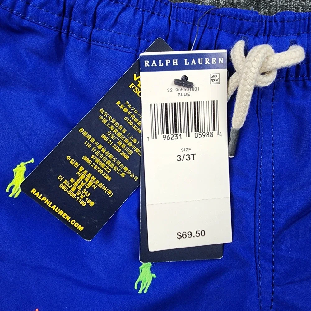 NWT Polo Ralph Lauren Swim Trunks Kids Size 3T Blue Multi Color Pony Embroidered
